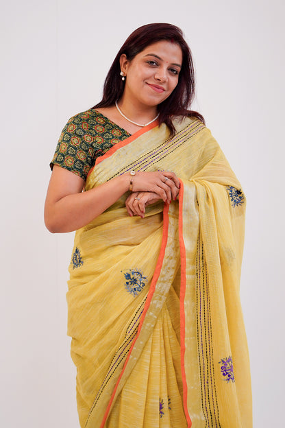 Mustard Yellow & Coral French Knot Linen Saree - SS063
