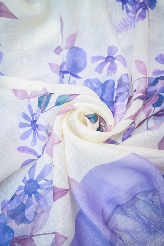 Lilac Bloom Digital Print Linen Saree