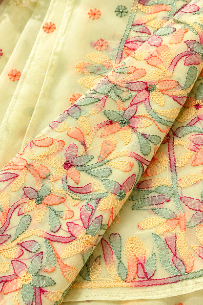 Lime Green Georgette Chikankari Saree - SS095