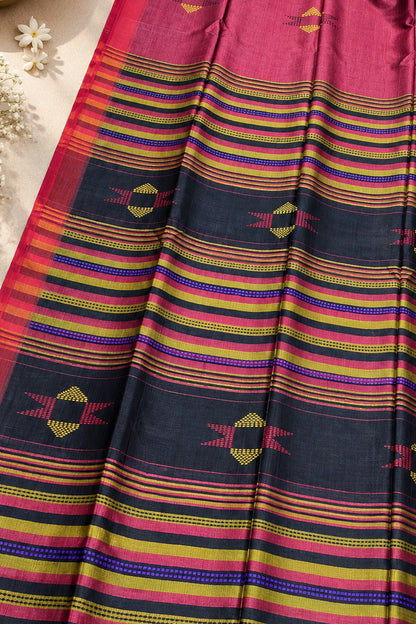 Pink & Navy Blue Banana Stem Saree - SS090