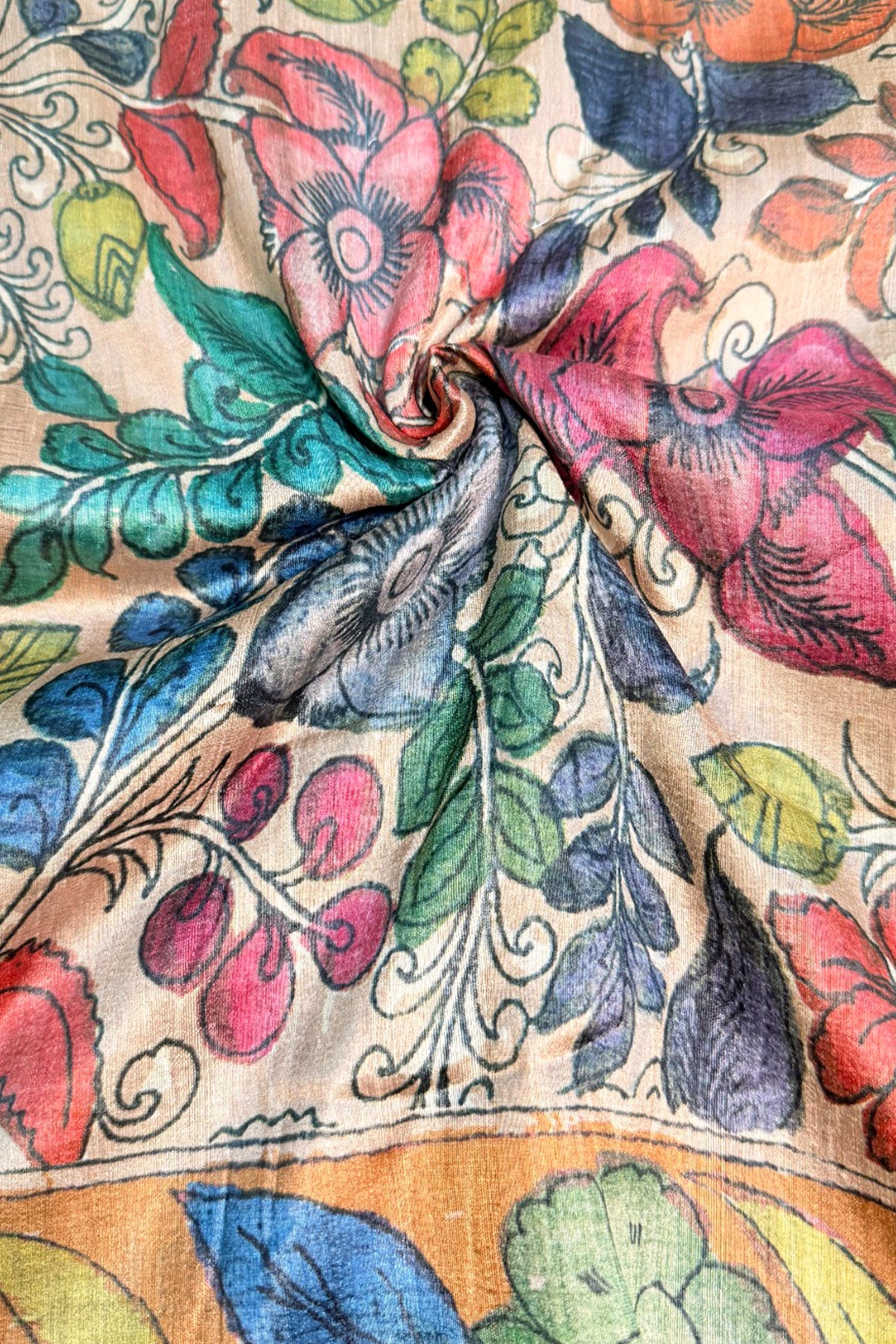 Mustard Border Ivory Floral Kalamkari Ghicha Tussar Inspired Saree - SS107