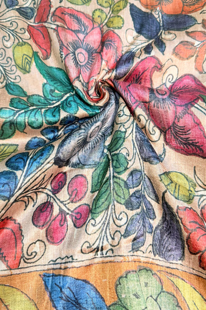 Mustard Border Ivory Floral Kalamkari Ghicha Tussar Inspired Saree - SS107