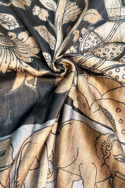 Deep Indigo & Ivory Ghicha Tussar Inspired Kalamkari Saree - SS101