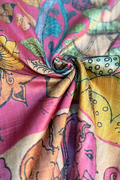Rani Pink & Multicolour Ghicha Tussar Inspired Kalamkari Saree - SS100