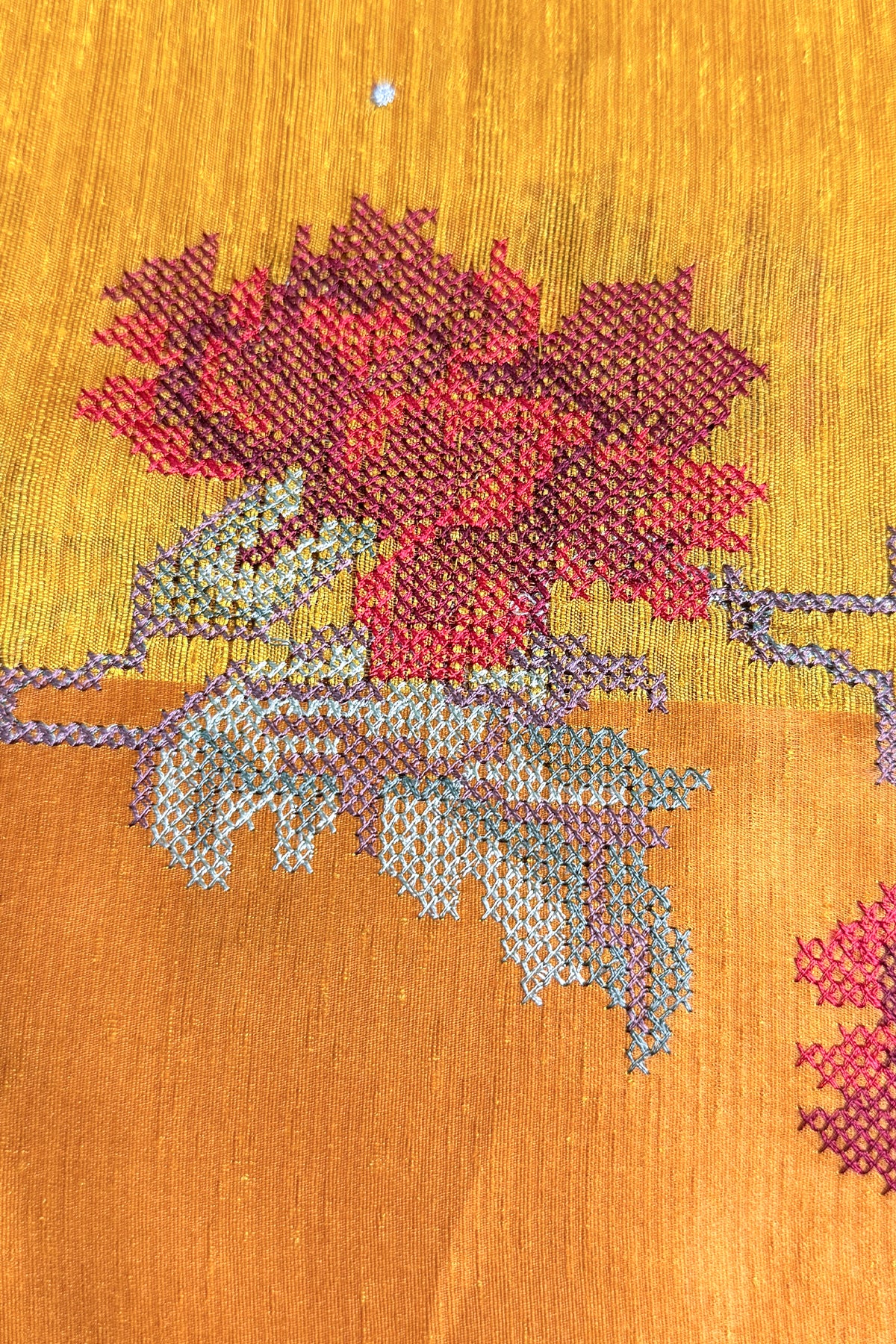 Mustard Yellow Jute Matka Red Floral Cross-Stitch Saree - SS113