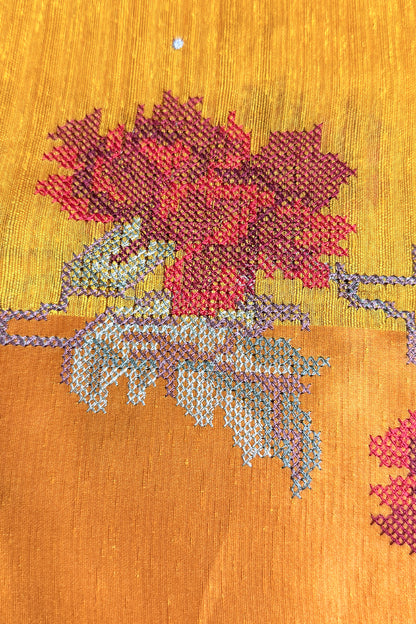 Mustard Yellow Jute Matka Red Floral Cross-Stitch Saree - SS113