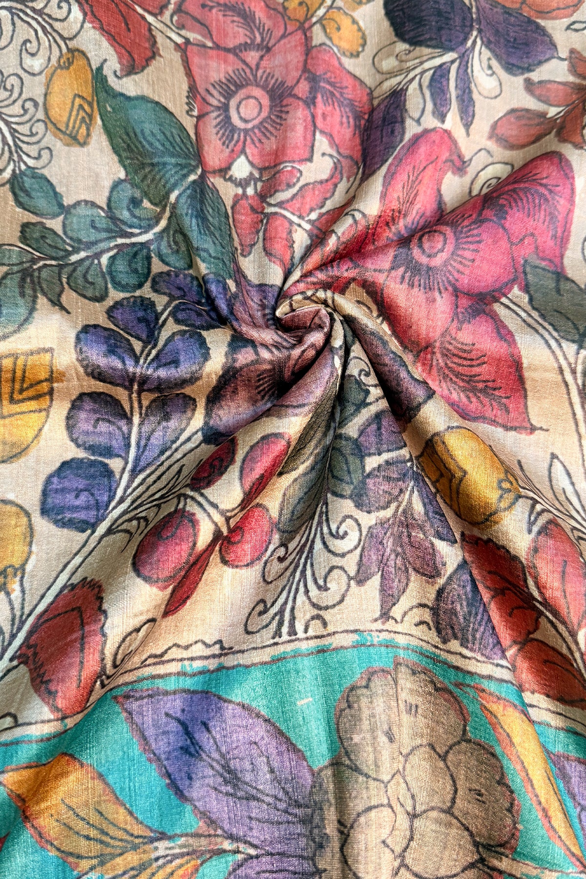 Ivory & Multicolour Floral Ghicha Tussar Inspired Kalamkari Saree - SS103