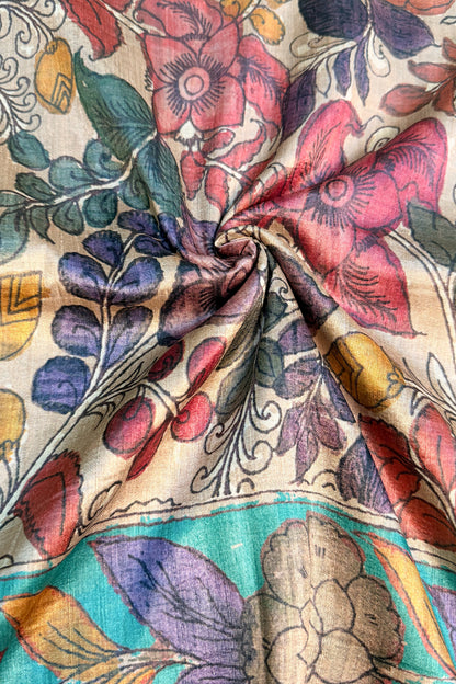 Ivory & Multicolour Floral Ghicha Tussar Inspired Kalamkari Saree - SS103