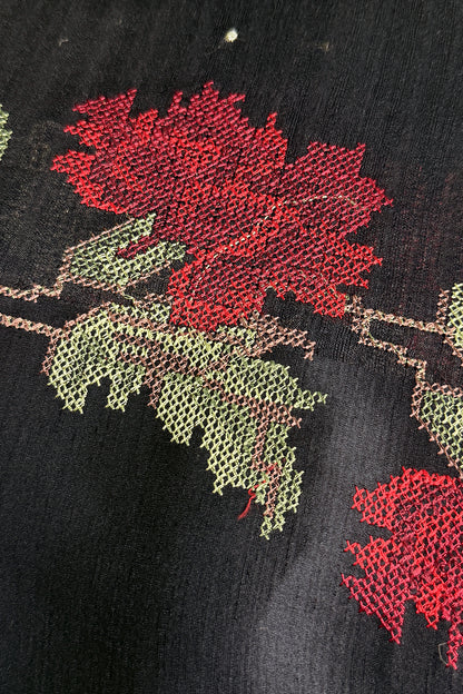 Black Jute Matka Red Floral Cross-Stitch Saree - SS111
