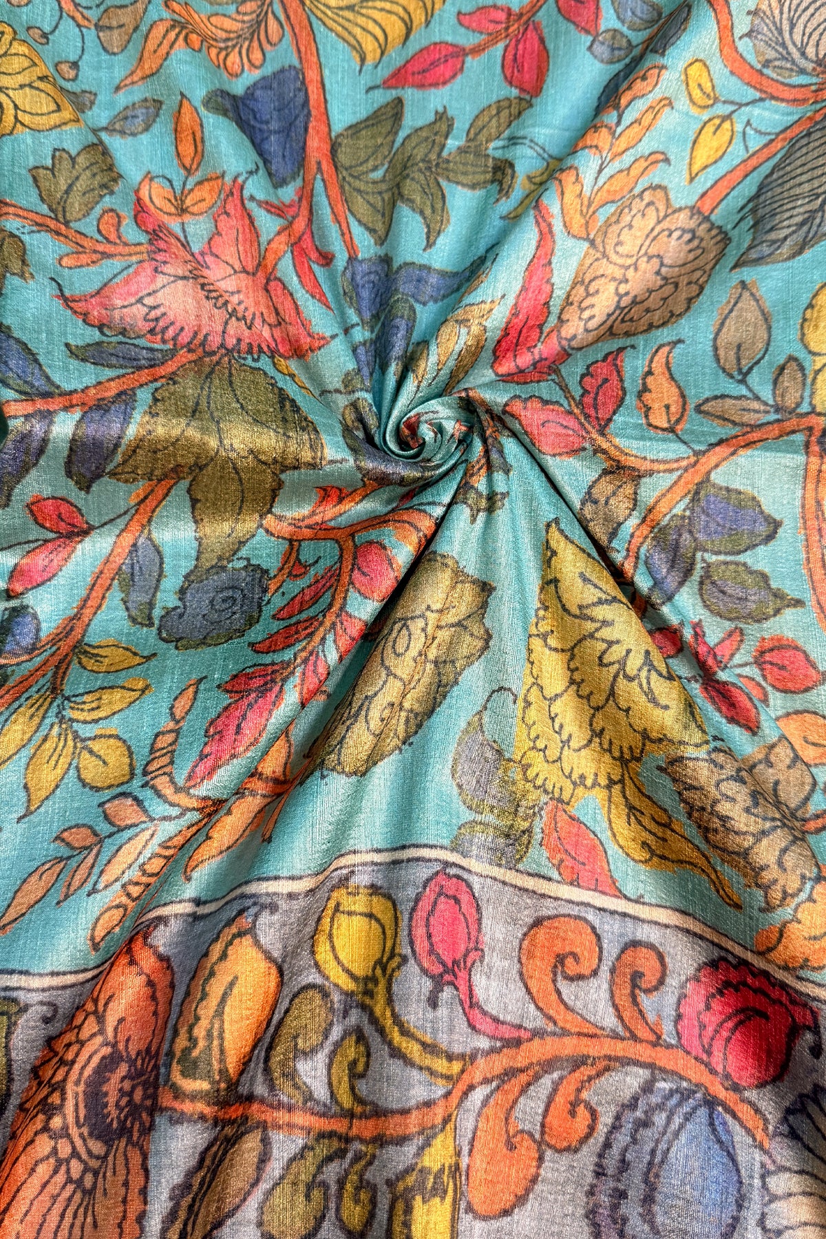 Turquoise Blue & Multicolour Floral Ghicha Tussar Inspired Kalamkari Saree - SS104