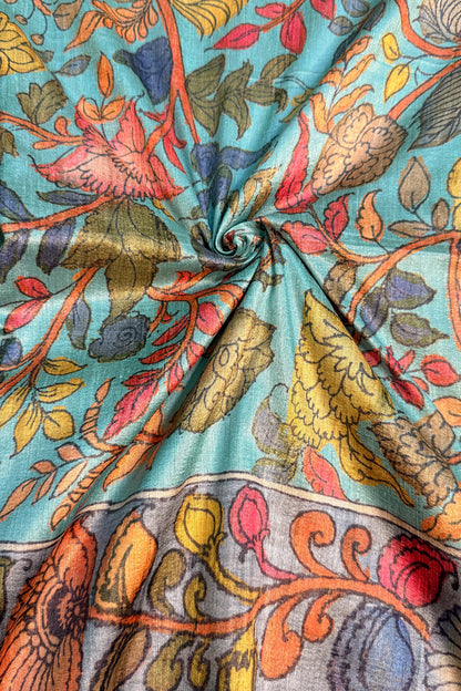 Turquoise Blue & Multicolour Floral Ghicha Tussar Inspired Kalamkari Saree - SS104