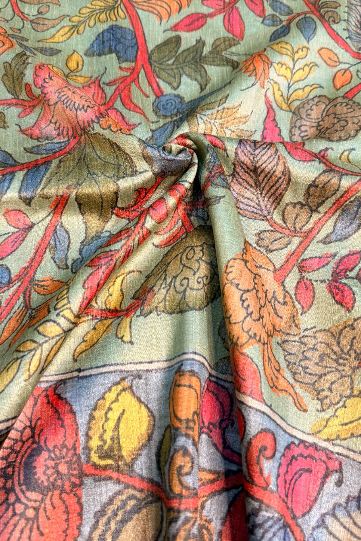Sage Green & Multicolour Floral Ghicha Tussar Inspired Kalamkari Saree - SS105