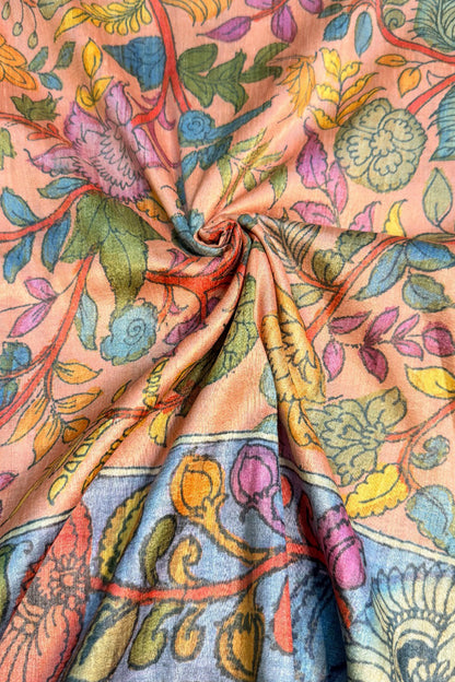 Blush Pink & Multicolour Floral Ghicha Tussar Inspired Kalamkari Saree - SS106