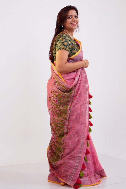 Gulabi Noor French Knot Cotton Linen Saree - SS048