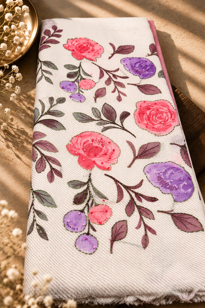 Gulnaar Floral Threadwork Linen Saree with Brush-Painted Details - SS115