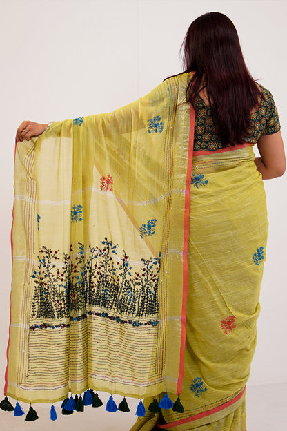 Phool Saaz Cotton Linen Handwork Saree - SS049