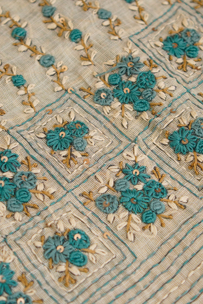Aqua Bloom Embroidered Tissue Linen Saree – SS036