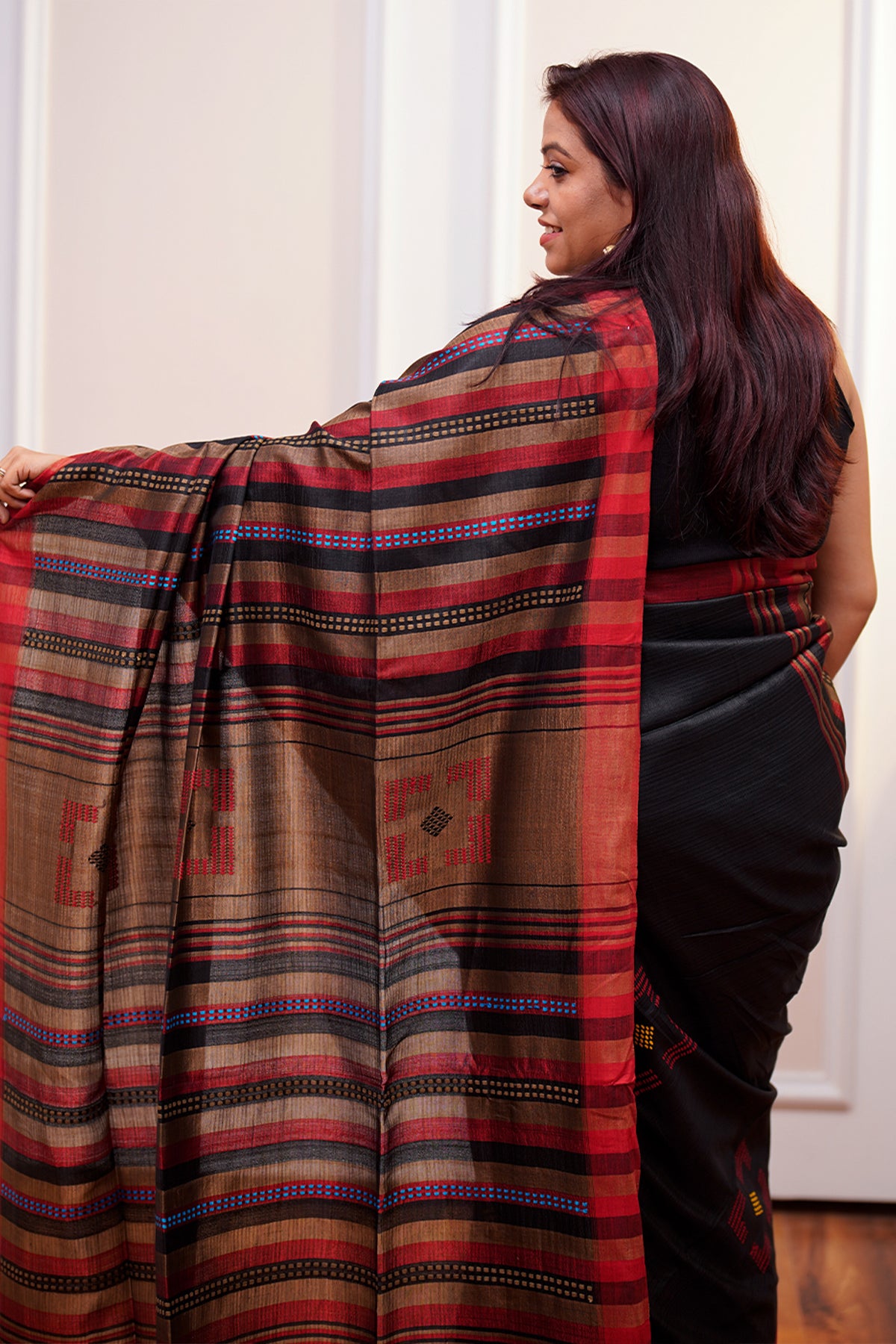 Black & Red Banana Stem Saree - SS050