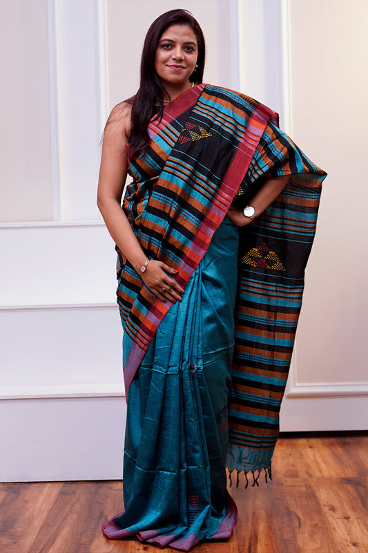 Teal Blue & Multicolour Banana Stem Saree -SS051