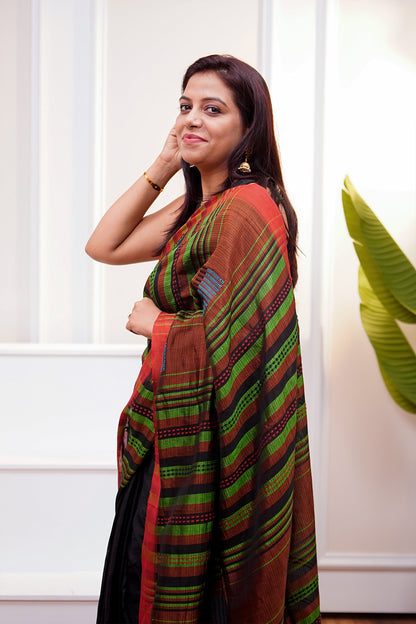 Black & Green Banana Stem Saree - SS056