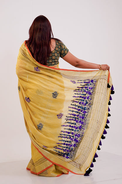 Mustard Yellow & Coral French Knot Linen Saree - SS063