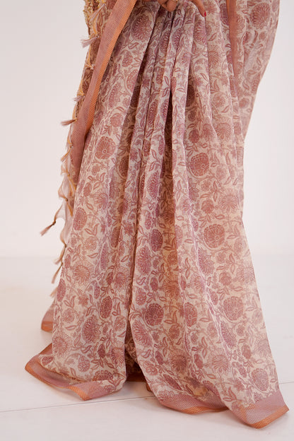 Blush Beige Floral Embroidered Tissue Linen Saree - SS069