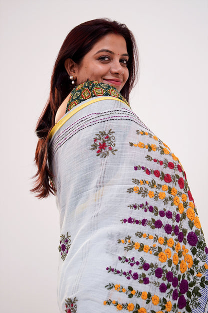 White & Multicolour French Knot Linen Saree - SS066