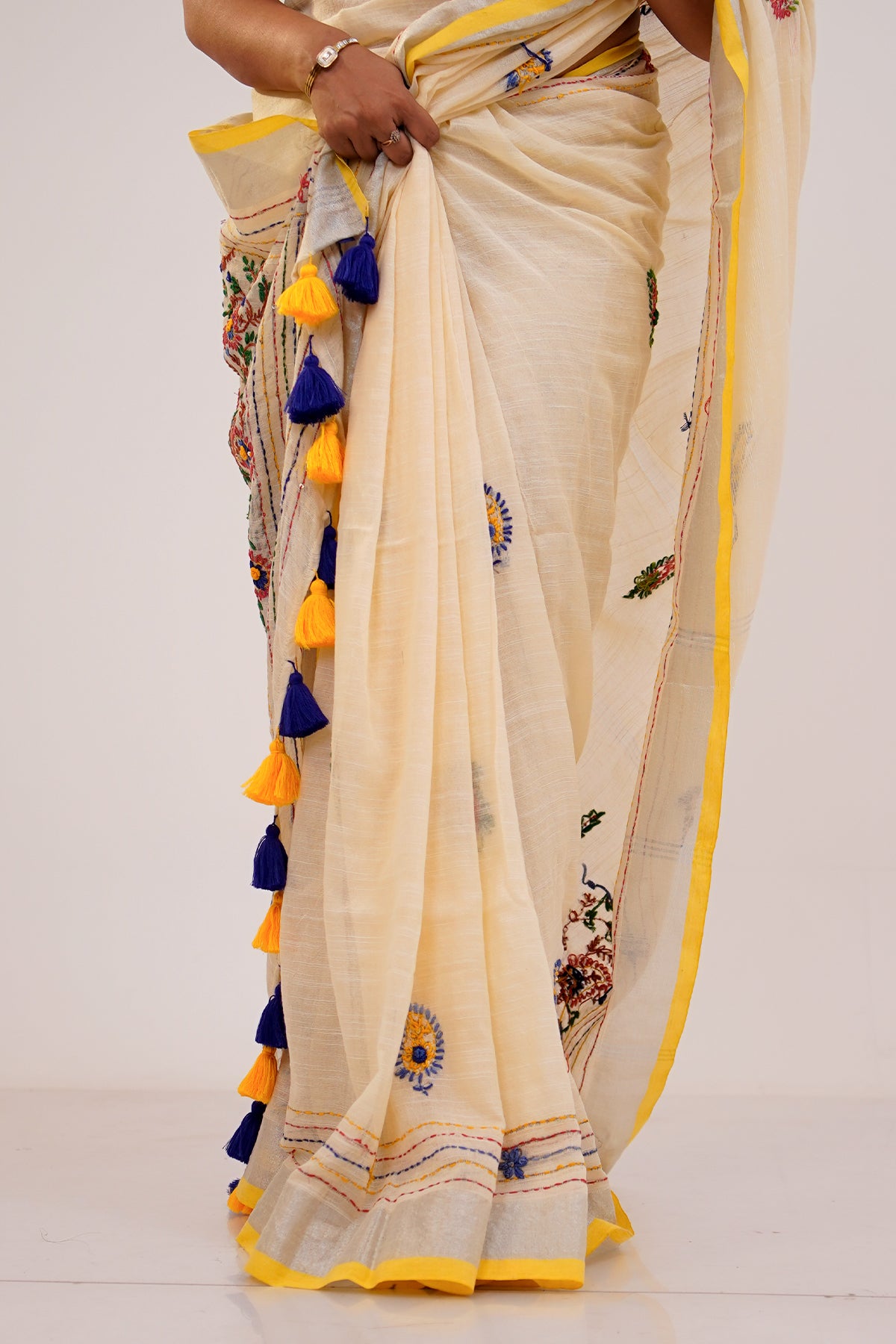 Ivory & Yellow French Knot Linen Saree - SS065
