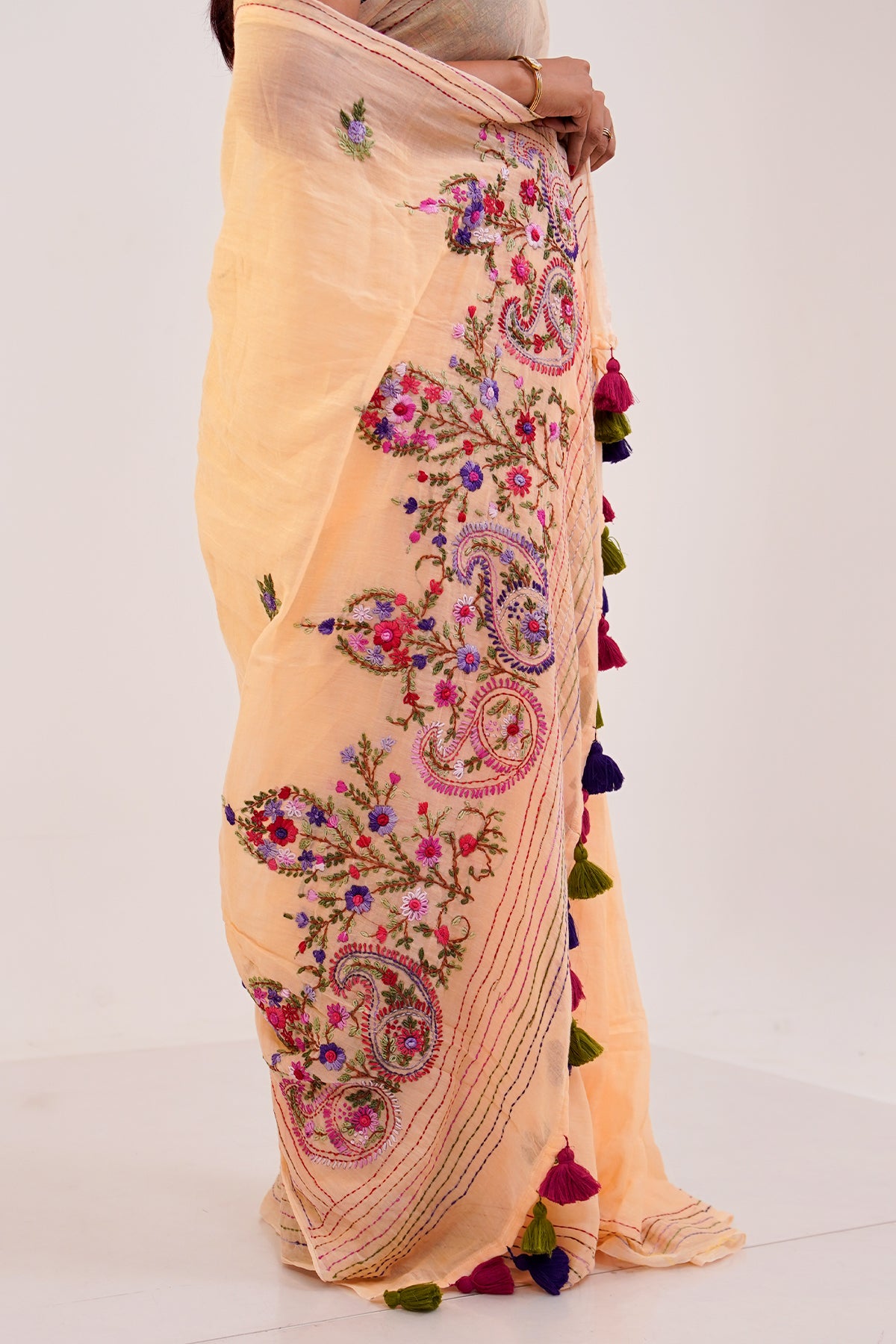 Peach & Multicolour French Knot Linen Saree - SS067