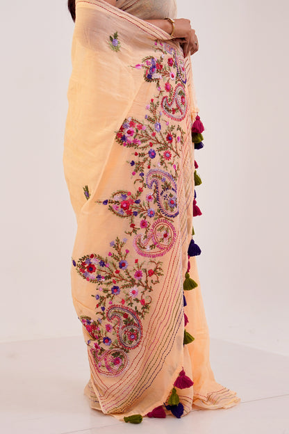 Peach & Multicolour French Knot Linen Saree - SS067