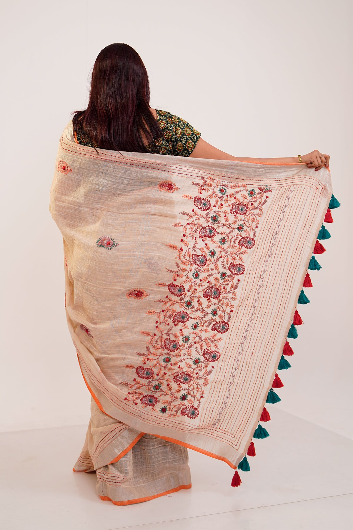 Ivory & Coral French Knot Cotton Linen Saree - SS064