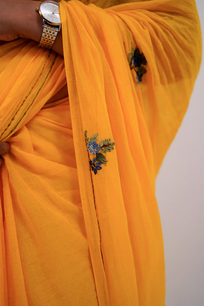 Sunshine Yellow Floral Embroidered Linen Saree - SS068