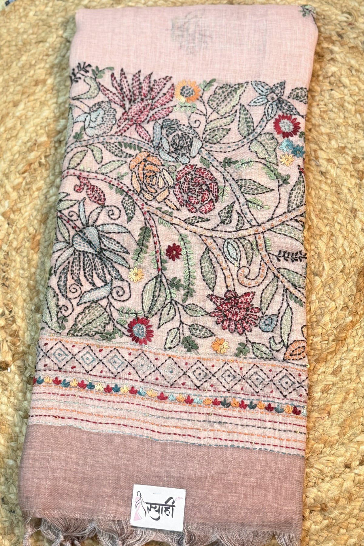 Blush Pink Linen Saree with Full Handwork Blouse - SS072