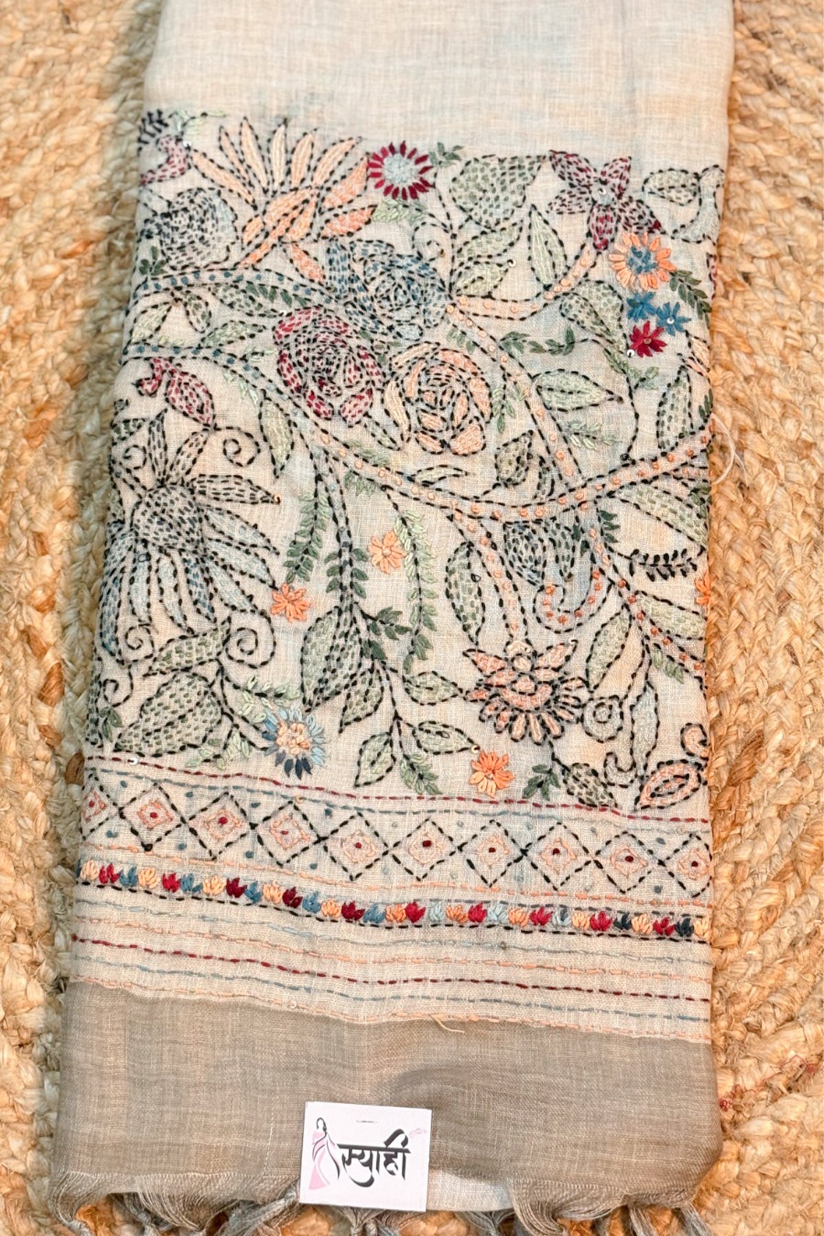 Ivory Linen Saree with Full Handwork Blouse - SS076
