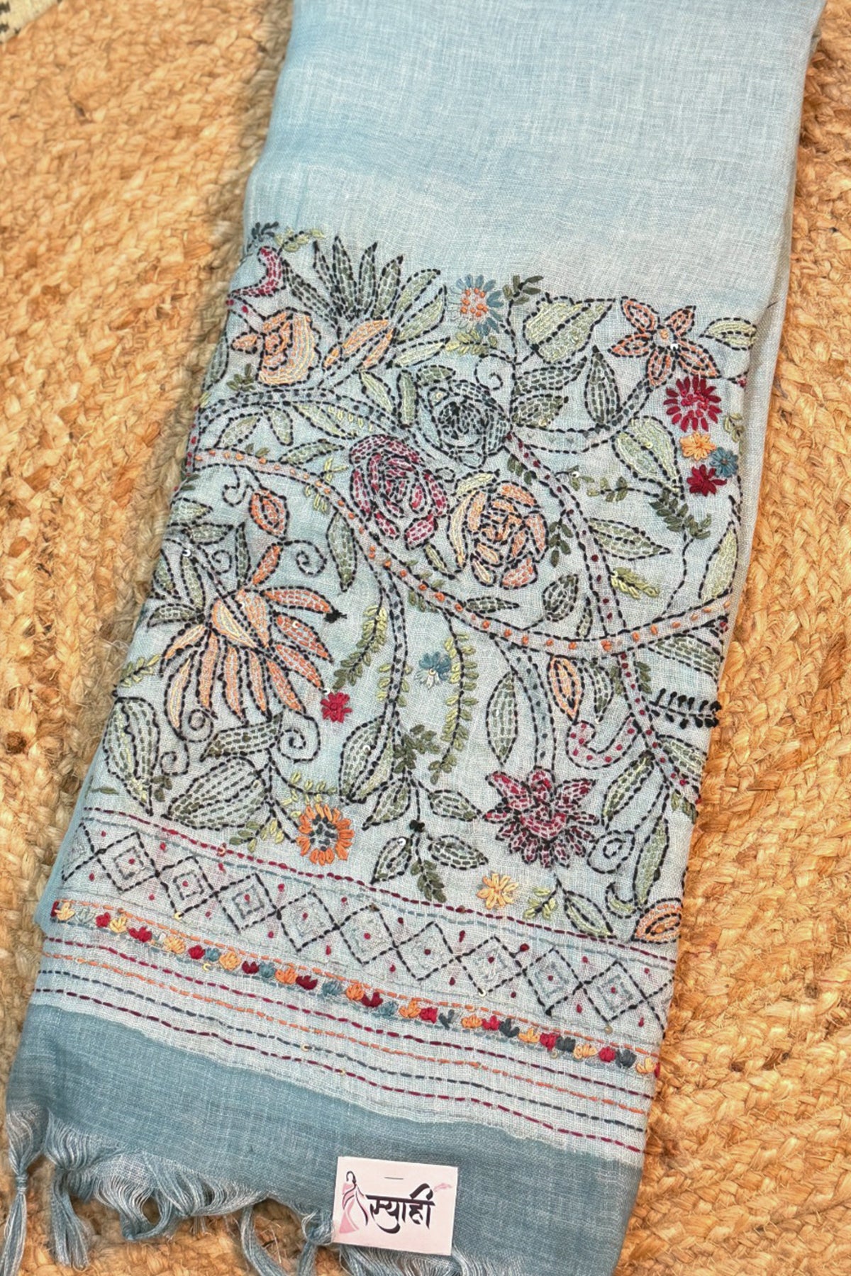 Ice Blue Linen Saree with Full Handwork Blouse - SS073