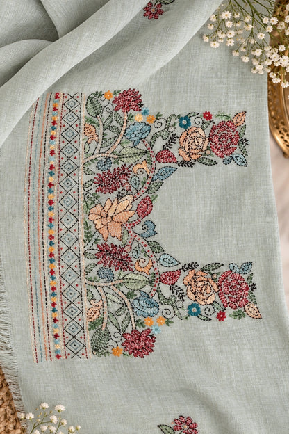 Sage Green Linen Saree with Full Handwork Blouse - SS075