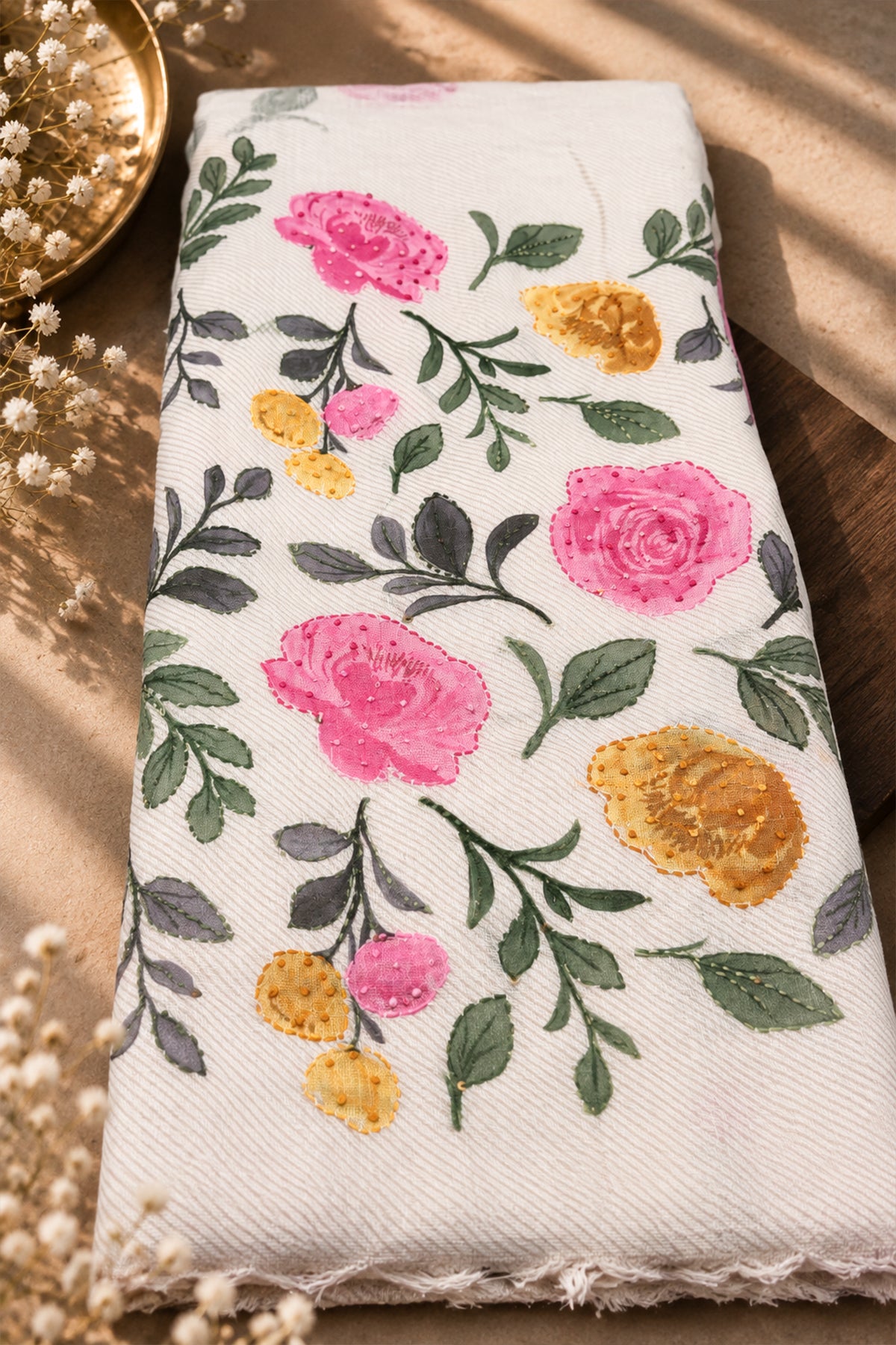 Basanti Bloom Floral Threadwork Linen Saree with Brush-Painted Details - SS116