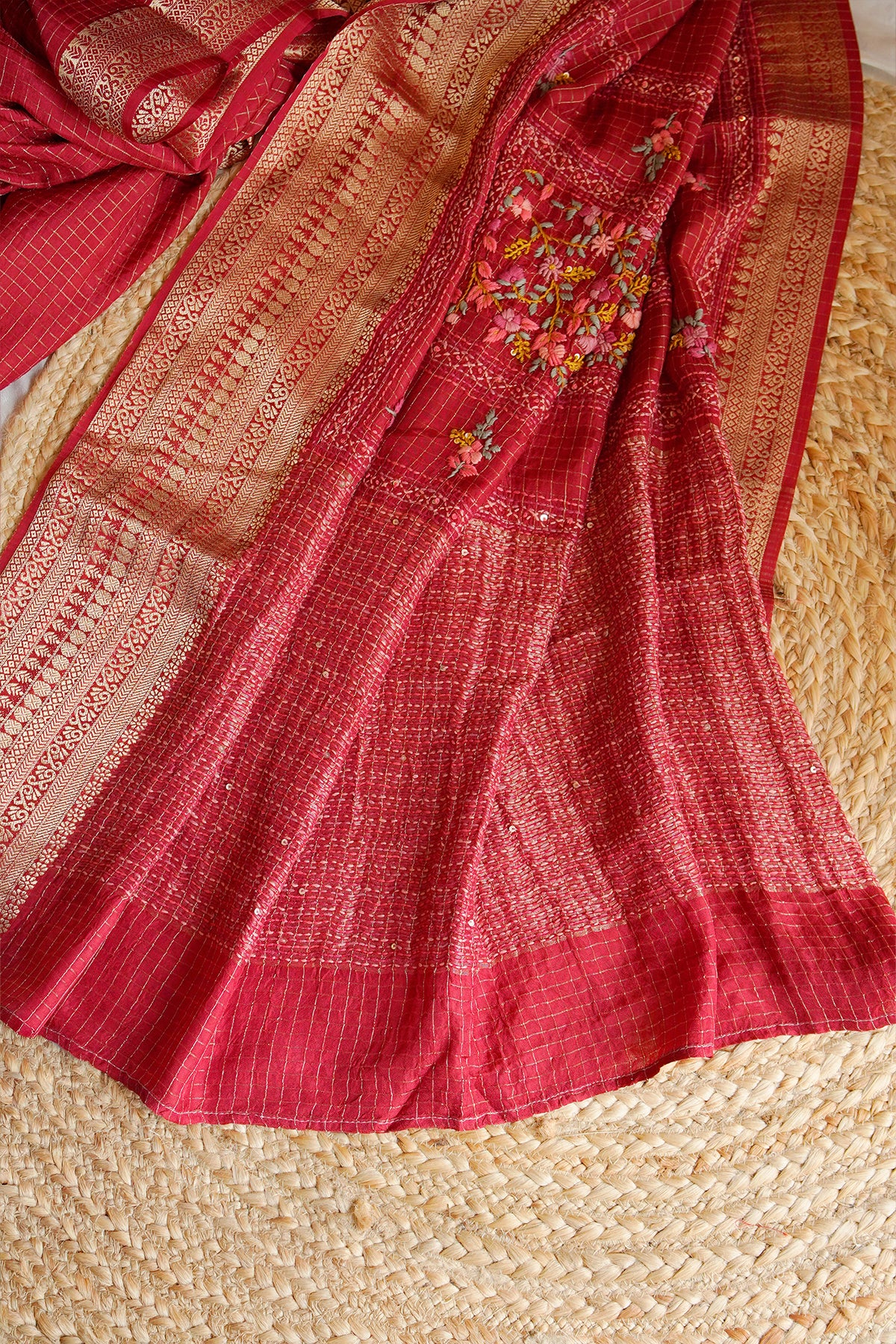 Crimson Bloom Embroidered Crepe Saree