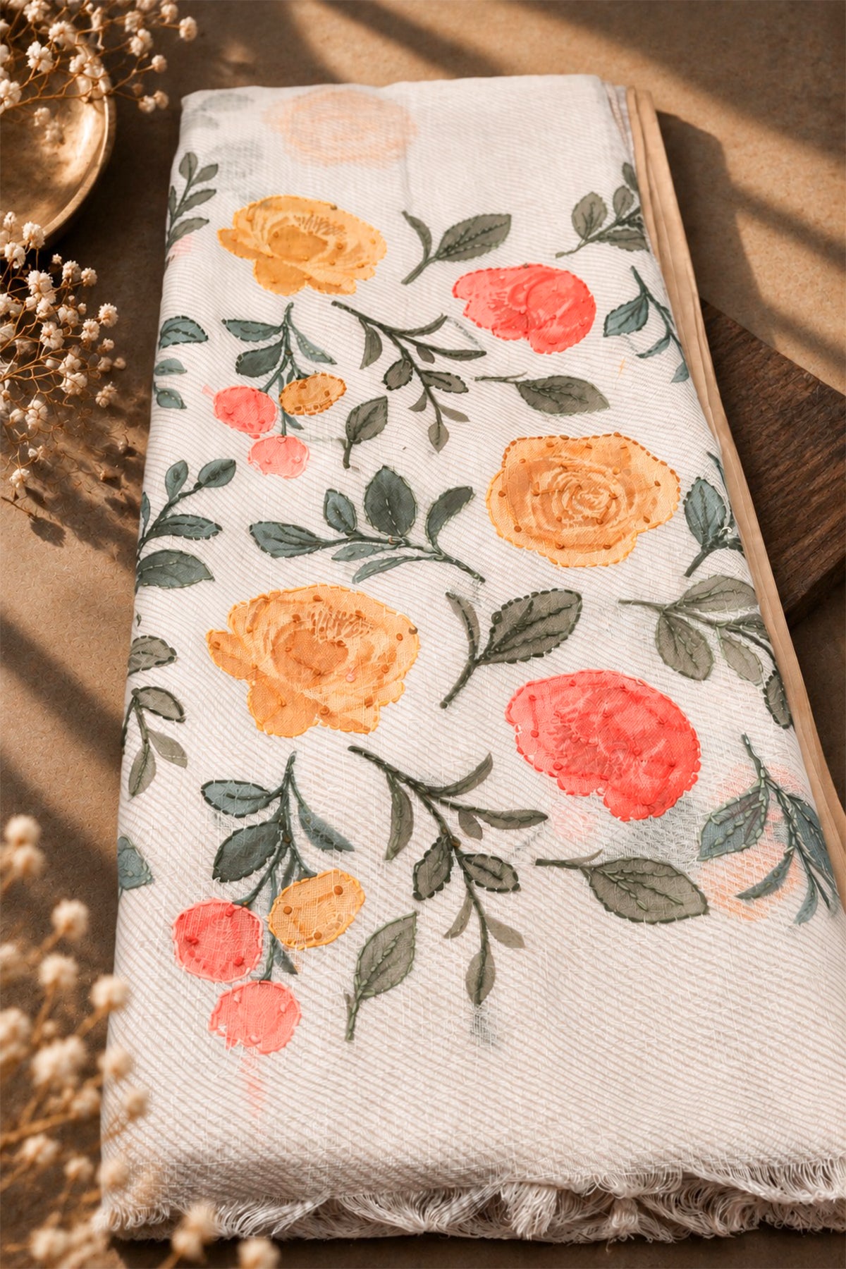 Marigold Mist Floral Threadwork Linen Saree with Brush-Painted Details - SS117