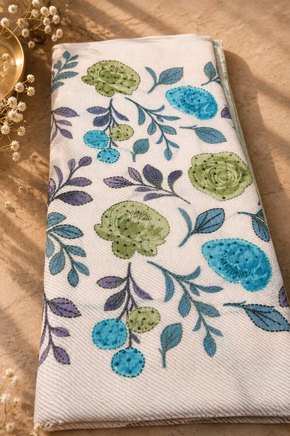 Meadow Bloom Floral Threadwork Linen Saree with Brush-Painted Details - SS114