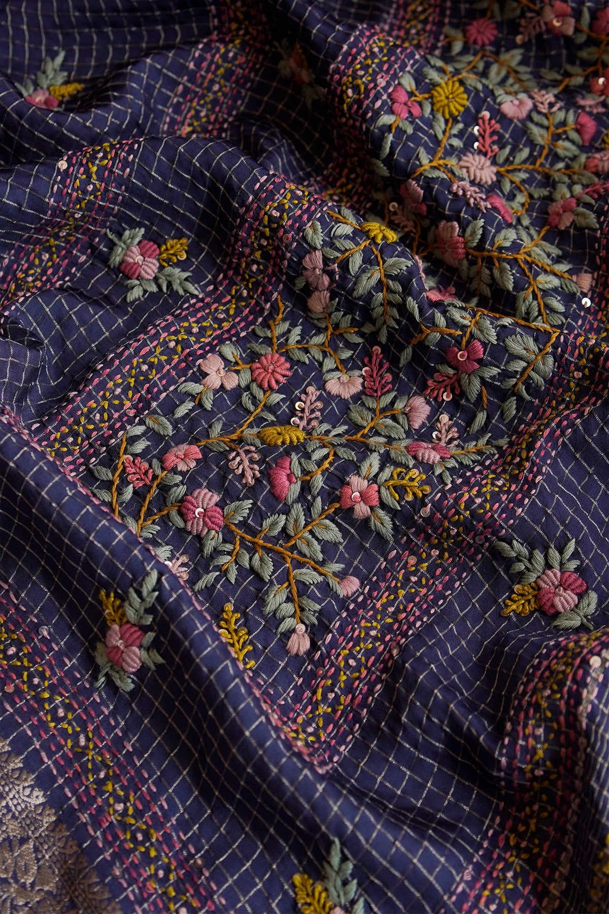 Midnight Blue Floral Crepe Saree