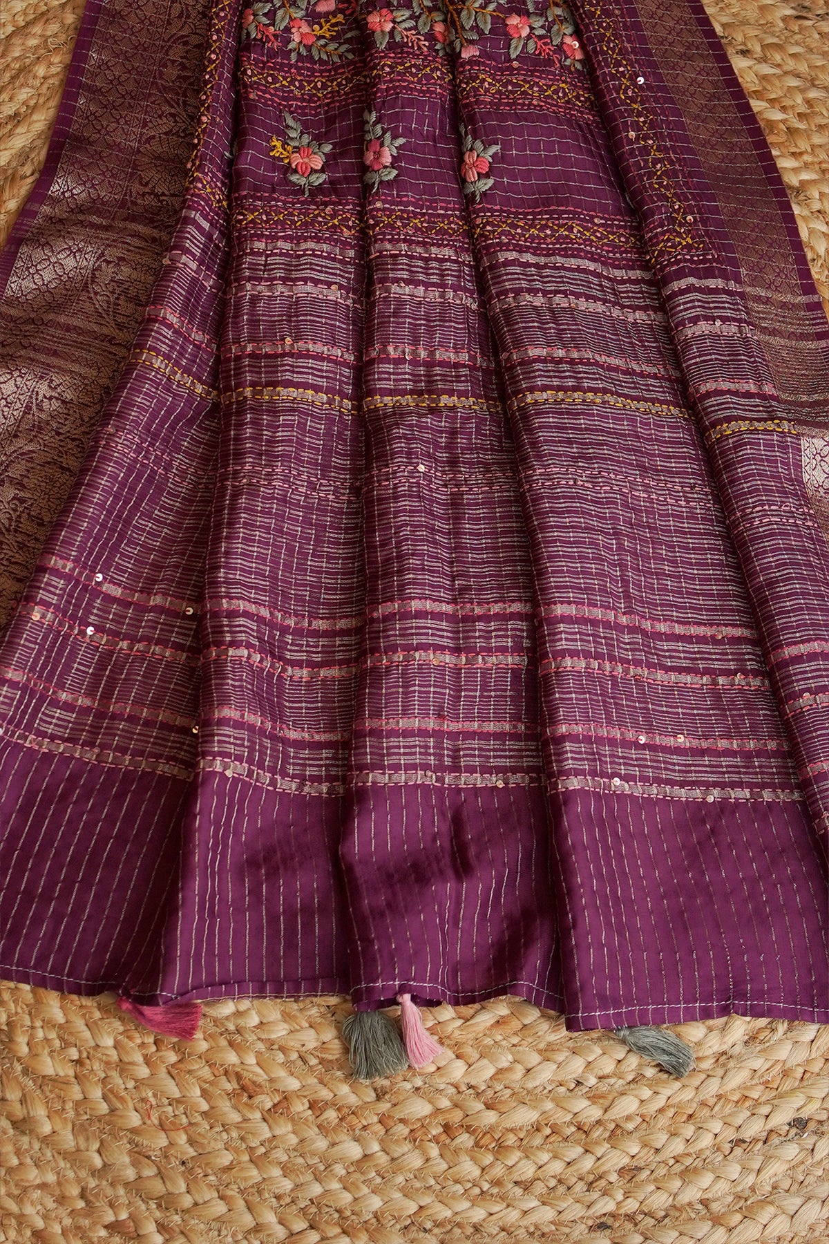 Midnight Plum Floral Crepe Saree