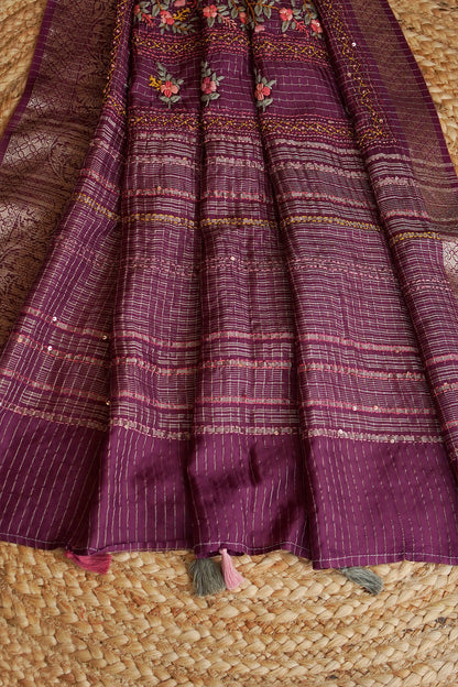 Midnight Plum Floral Crepe Saree