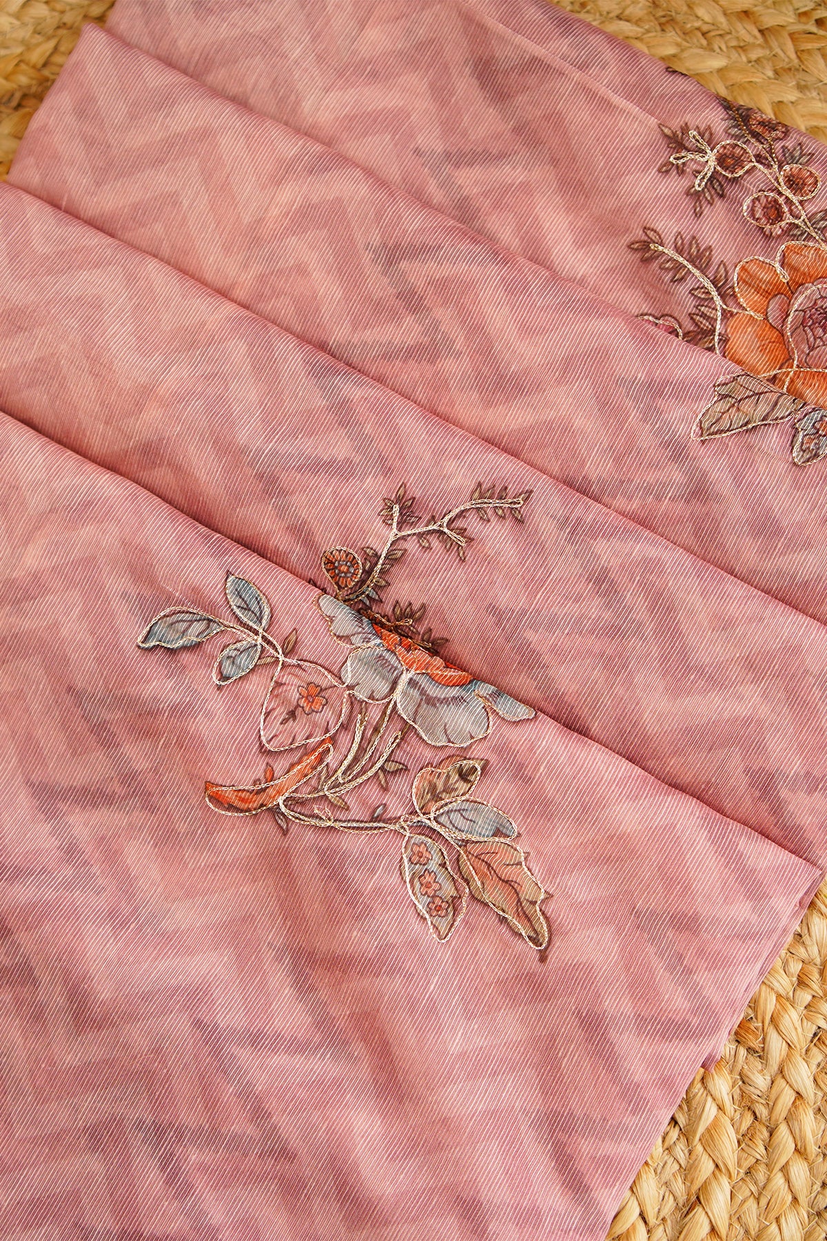 Blush Pink Bloom Aari Work Supernet Saree – SS038