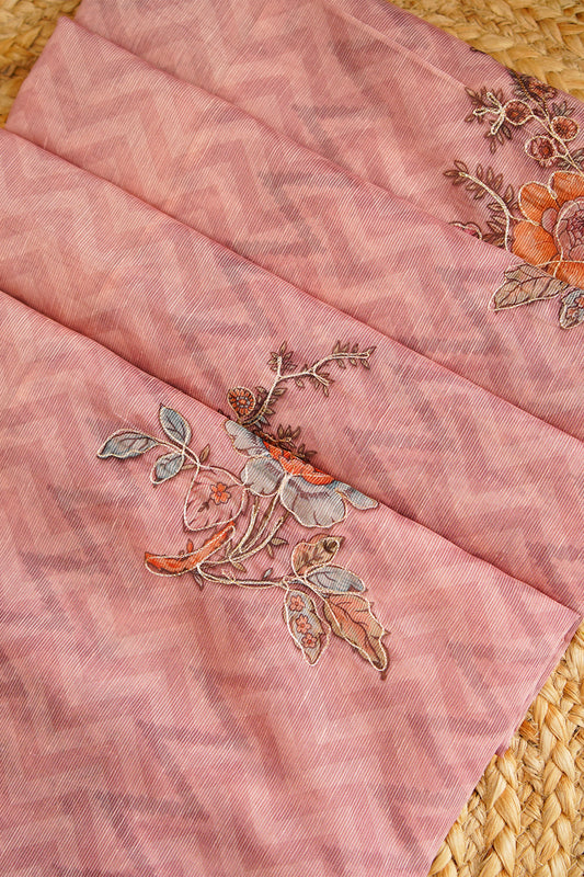 Blush Pink Bloom Aari Work Supernet Saree – SS038