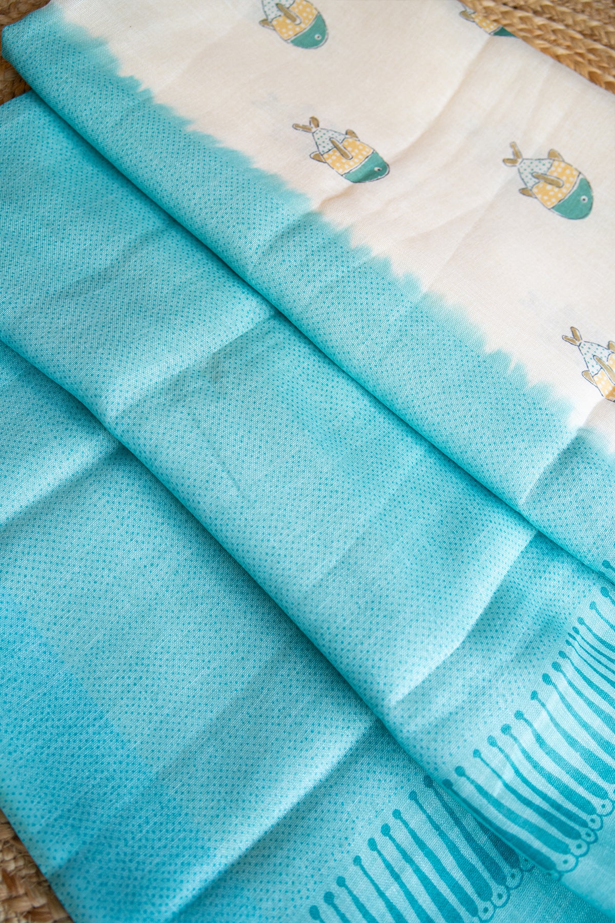 Aqua Koi Digital Print Linen Saree