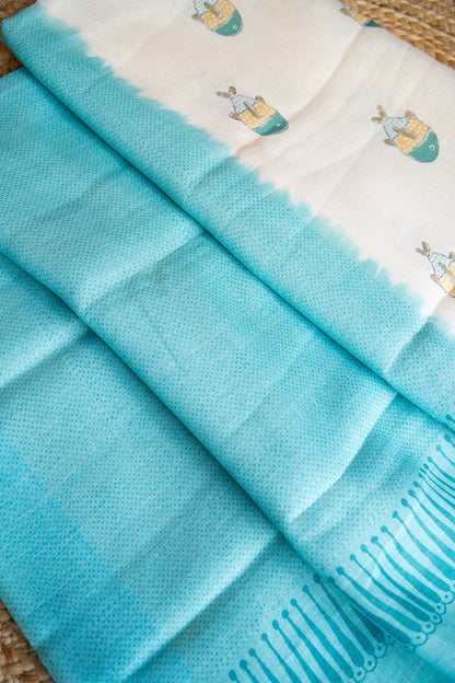 Aqua Koi Digital Print Linen Saree
