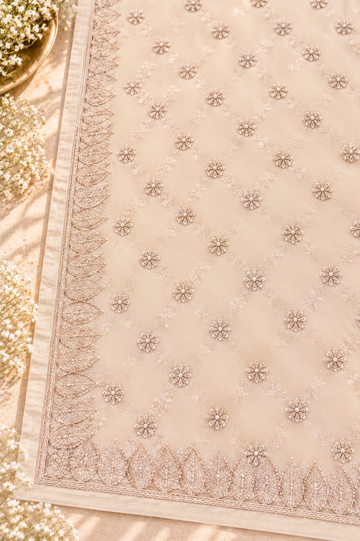 Ivory & Champagne Georgette Chikankari Saree - SS096