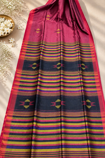 Pink & Navy Blue Banana Stem Saree - SS090