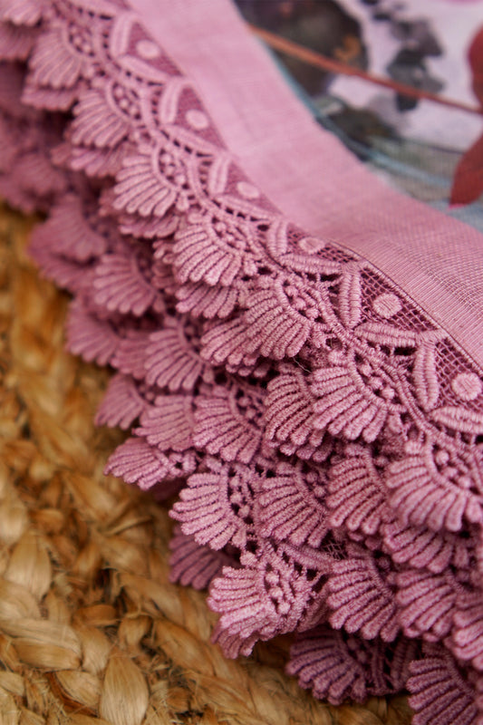 Blush Blossom Digital Print Linen Saree with Imported Lace - SS040